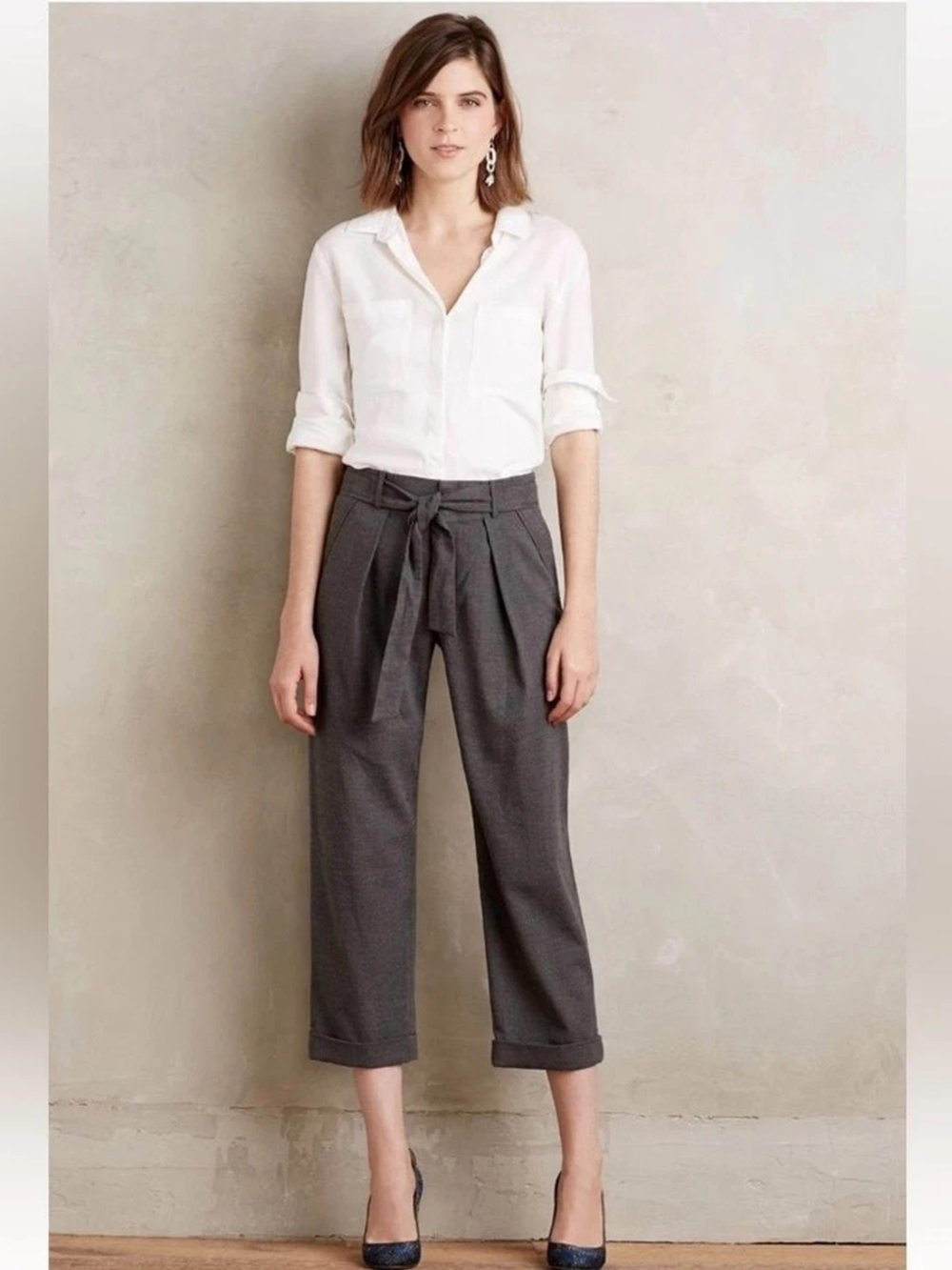 Anthropologie Cartonnier High-Waist Tie Belt Cropped Trousers - Gray